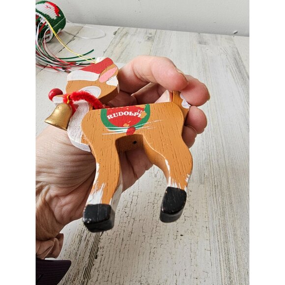 Wooden vintage Rudolph reindeer deer ornament set plush Noel Xmas tree both orna - Picture 9 of 10